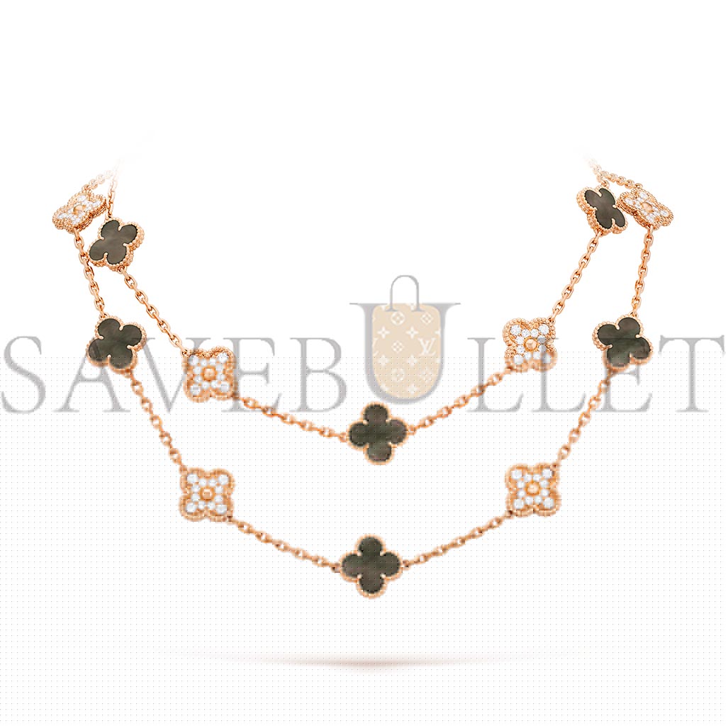 VAN CLEEF ARPELS VINTAGE ALHAMBRA LONG NECKLACE, 20 MOTIFS - ROSE GOLD, DIAMOND, MOTHER-OF-PEARL VCARP2R000